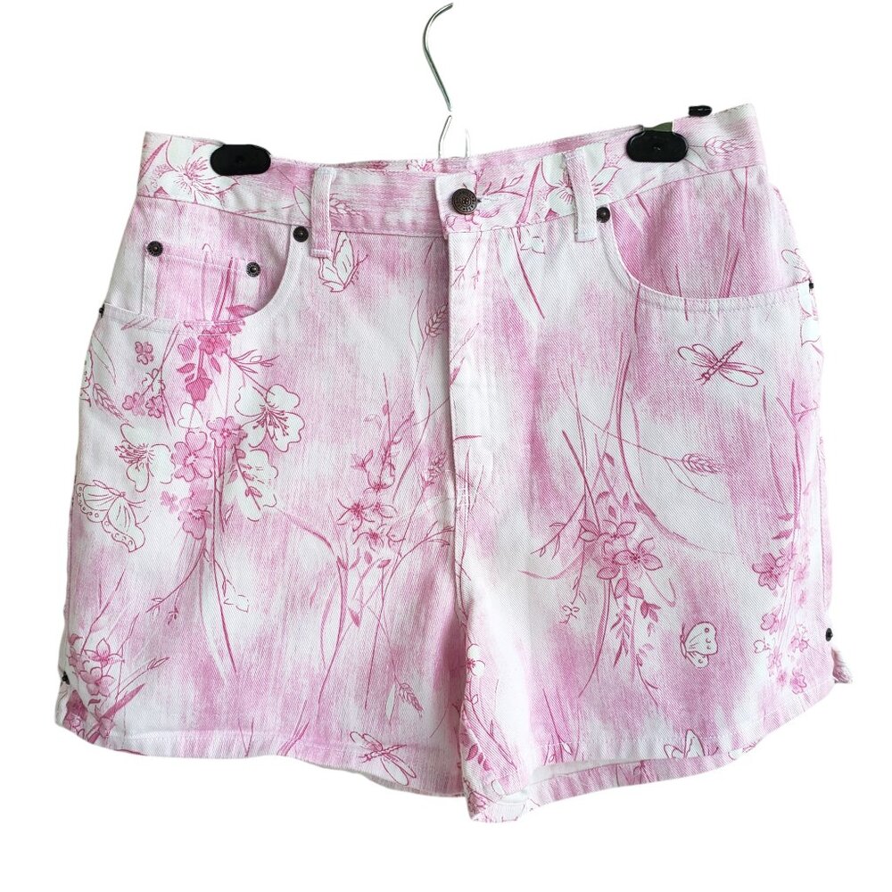 90s/ Y2K Pink/White denim high waisted shorts from Bill Blass floral